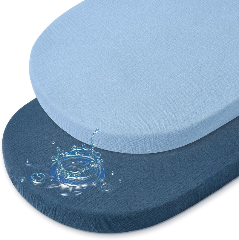 BeBeJoJo Baby Bassinet Sheets TPU Waterproof 2 Pack Soft Muslin Bedside Bassinet Mattress Sheets with Bottom Elastic Band for Baby Boy Girls Unisex Fit Hourglass Oval and Rectangle, Blue - Image 1